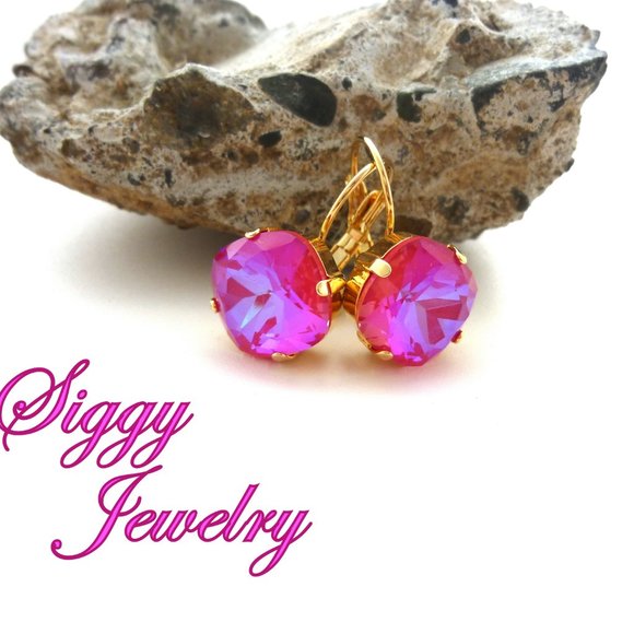 Raspberry Shimmer Premium Crystal Earrings, 12mm Cushion Cut Hot Pink Iridescent - Picture 2 of 4